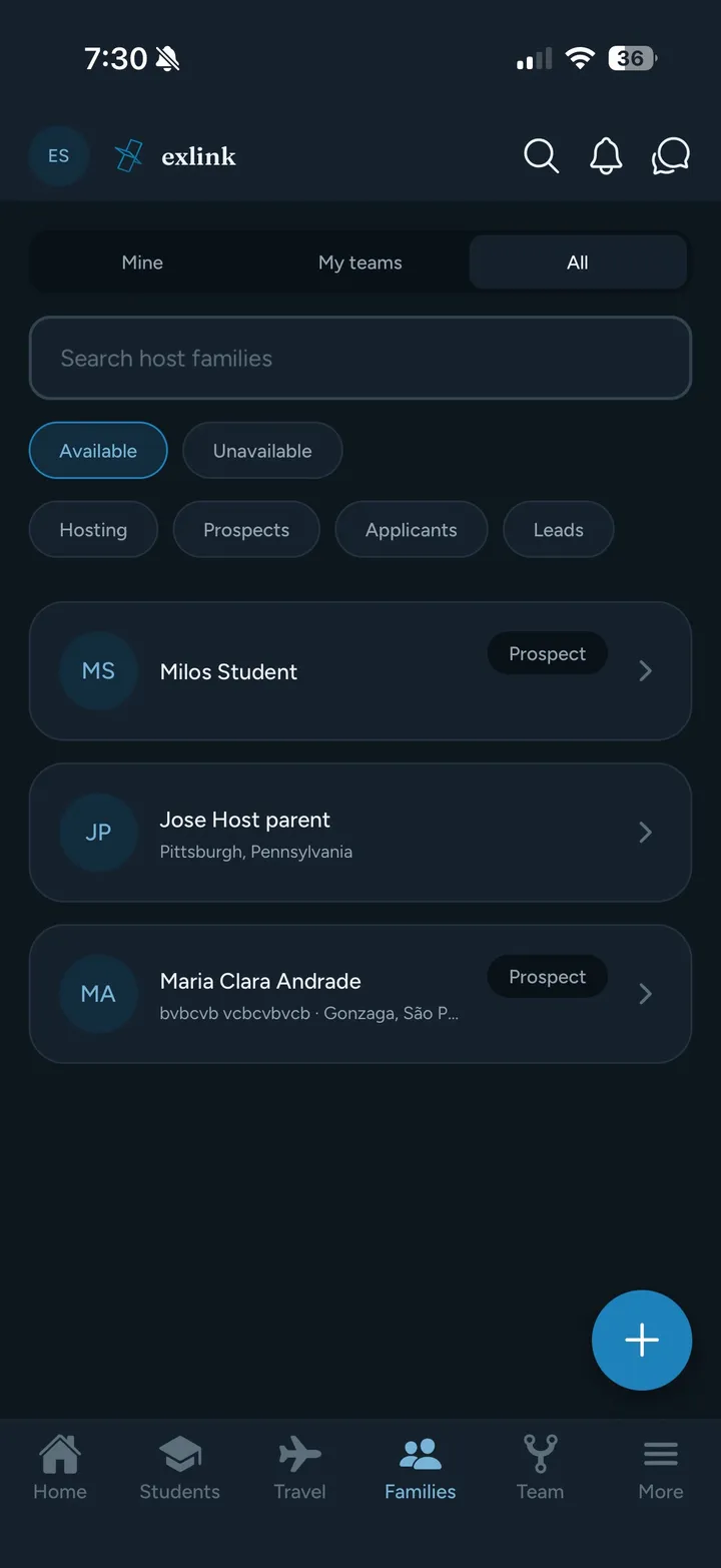 Exlink app host family list with search and status filters