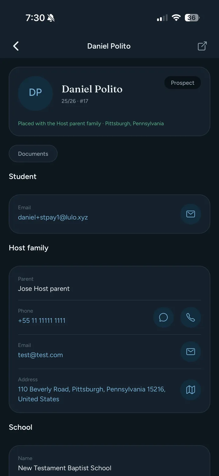 Exlink app student profile showing the placement, host family contacts and school